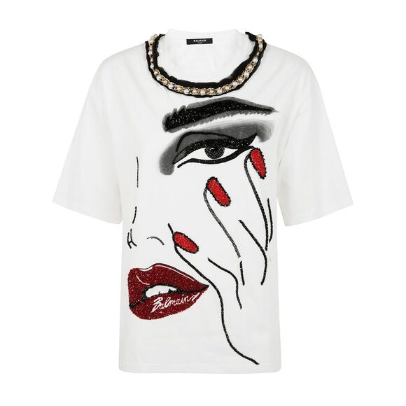 Balmain Women Pearls Chains Details Partial Face T-Shirt